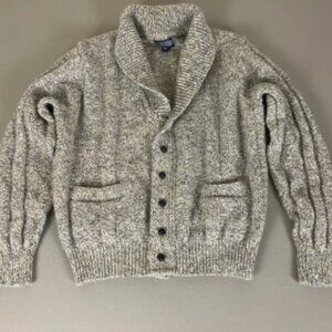 Vintage Lands' End Cardigan Men's Large Gray Cable Knit Wool w/ Elbow Patch USA